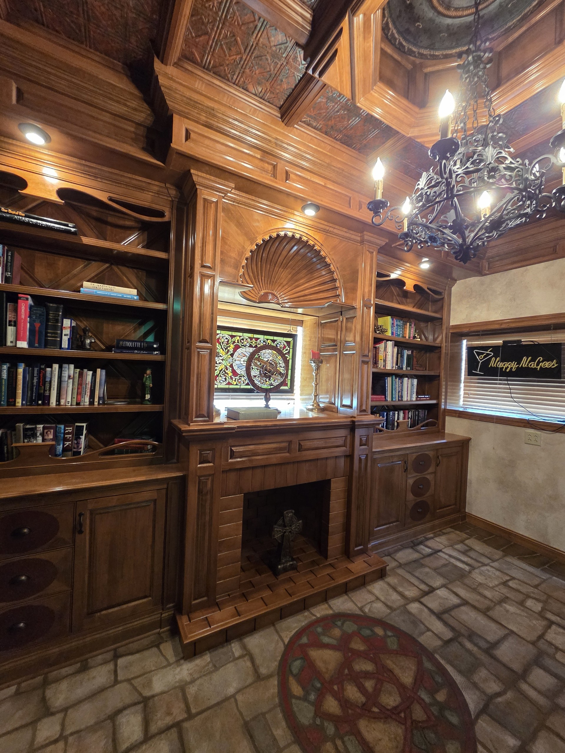 Custom wood cabinetry and built-ins around a fireplace